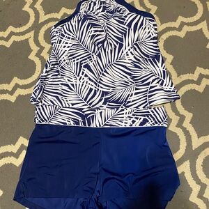 Navy & White Palm-Print Women’s Tankini Swim Set